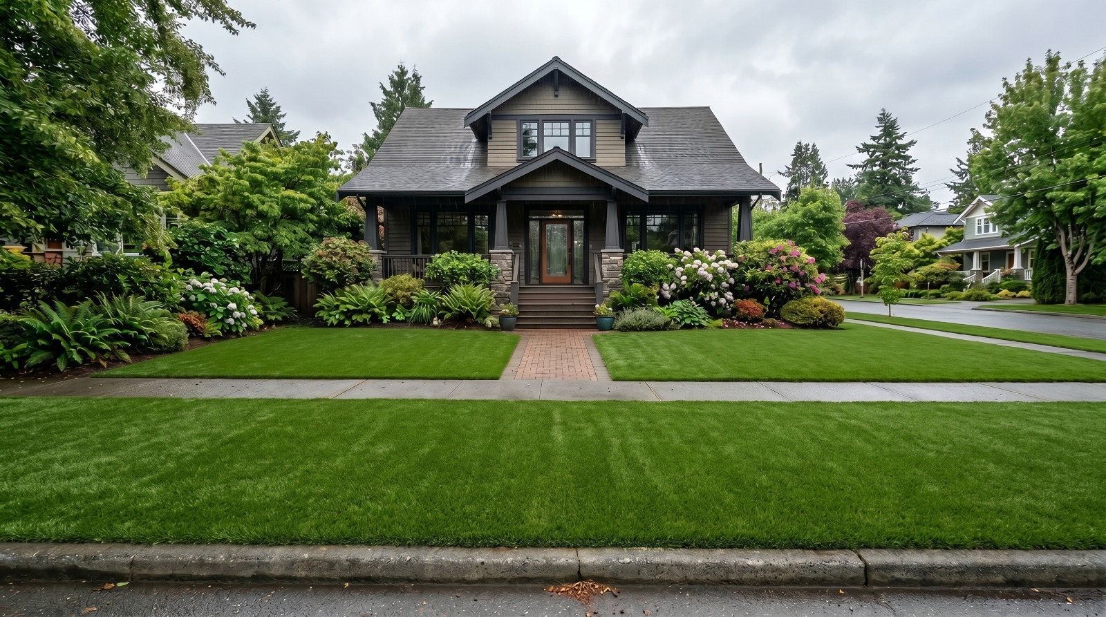 Lush artificial turf front yard after installation