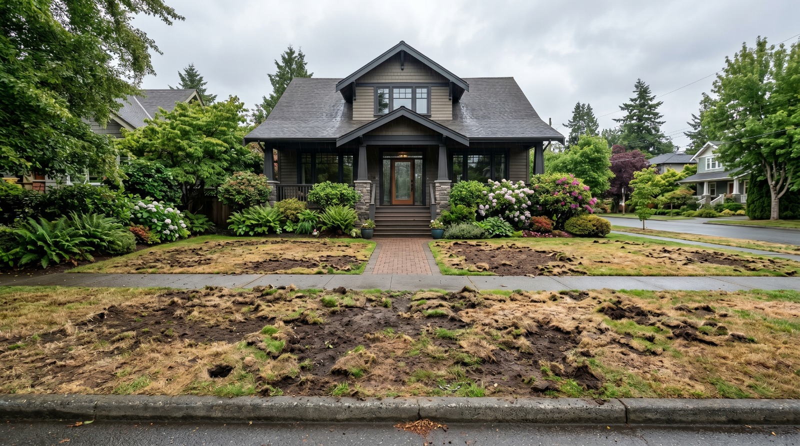 Patchy front yard before artificial turf installation