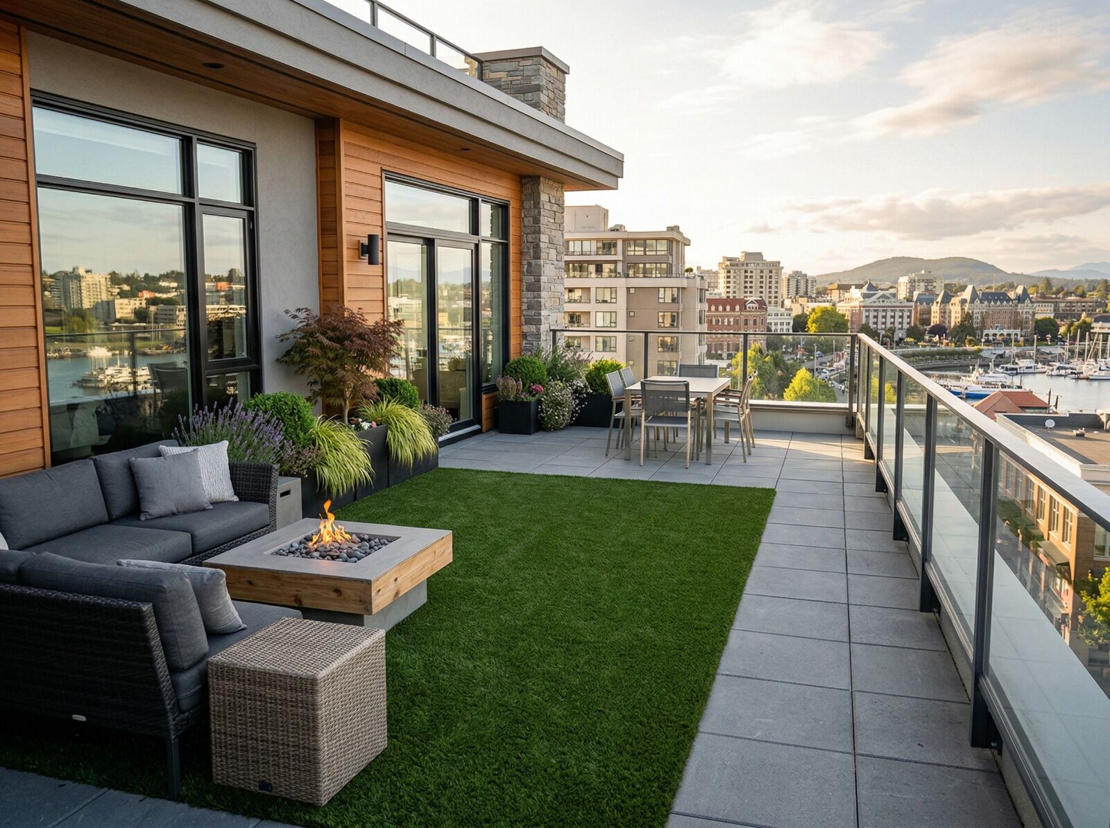 Rooftop terrace with artificial turf overlooking Victoria's Inner Harbour